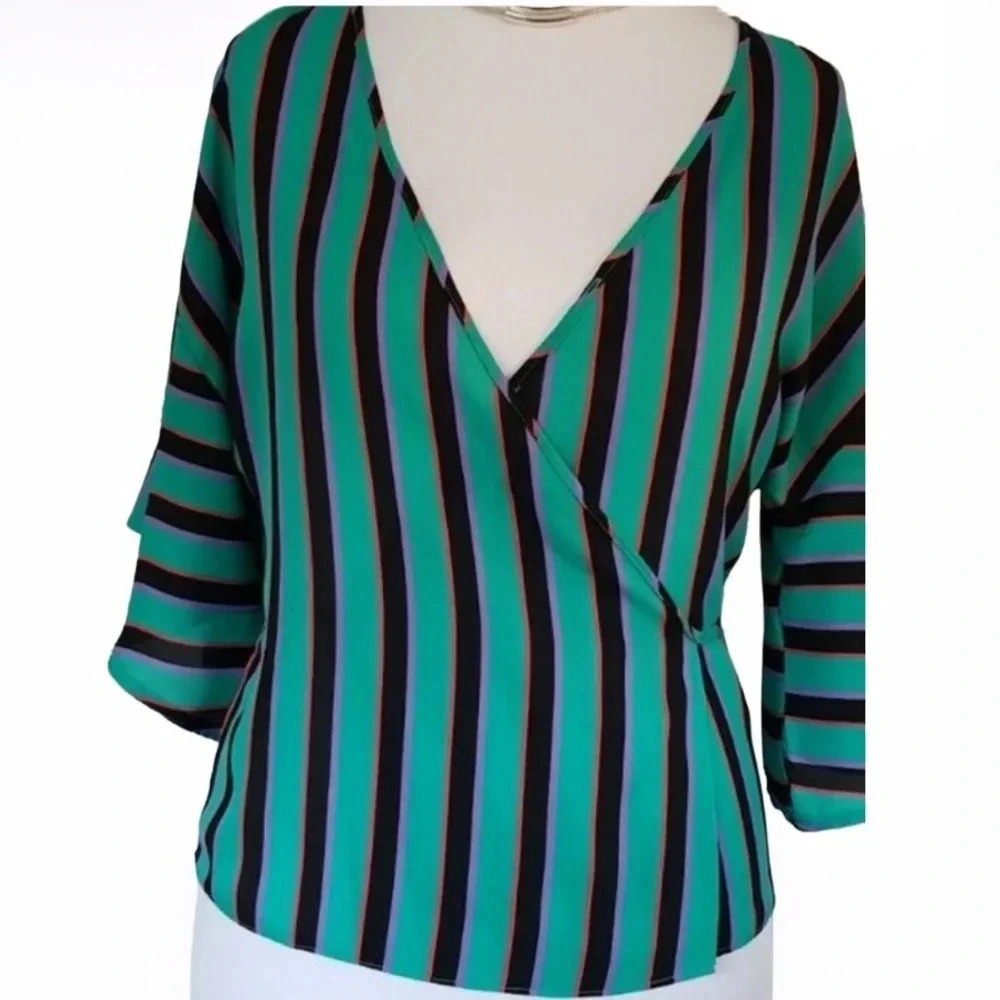 Primark Light Geo print green striped 3/4 sleeves Peplum Blouse Sz 12